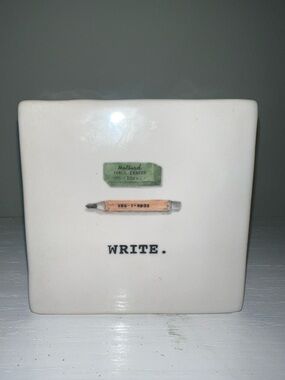 Rae Dunn Write Pencil Eraser Ceramic Block Desk Art Paper Weight Motivational 4”